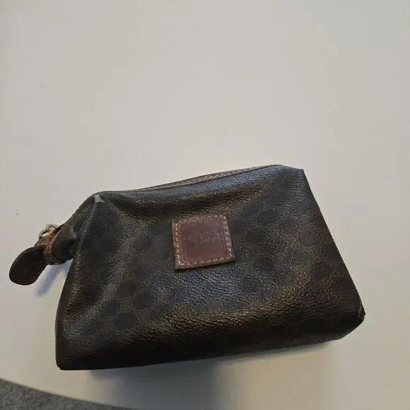 CELINE Old Vintage Pouch PVC Leather Cosmetic Bag Authentic Brown - Picture 1 of 16